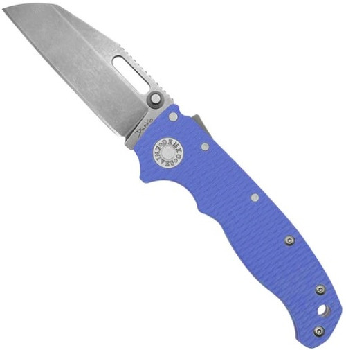 Demko Knives AD20.5 folding knife with thumb stud and slot - shown open presentation side.  20CV stainless steel, Shark Foot, plain edge blade.  Blue G-10 handle.  Model AD20.5-SFPE-20CV-BLG10.
