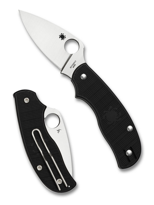 Spyderco Urban Slipit folding knife with thumb hole - shown open presentation side and closed pocket clip side.  Satin M398 stainless steel plain edge blade.  Black FRN handle.  Model C127PBK.