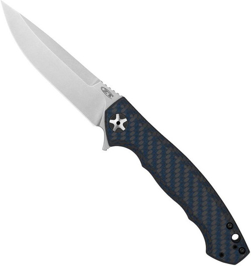 Zero Tolerance 0452BLUCF folding knife with flipper tab - open - logo side.  Satin 4.1" MagnaCut stainless steel plain edge blade.  Blue weave carbon fiber handle with a titanium lock side.  Model 0452BLUCF.
