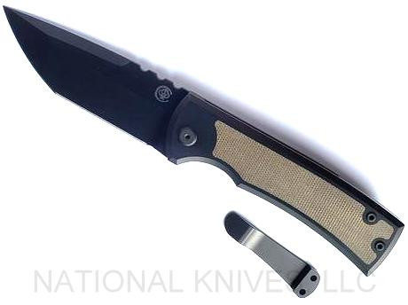 Chaves Knives Redencion 229 Tanto folding knife with flipper tab - shown open presentation side with extra pocket clip aside it.  Black M390 stainless steel plain edge blade.  Titanium handle with small green Micarta inlay.  Model 229/KS/TANTO/SMGRNMC.
