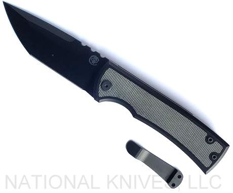 Chaves Knives Redencion 229 Tanto folding knife with flipper tab - shown open presentation side with extra pocket clip aside it.  Black M390 stainless steel plain edge blade.  Titanium handle with large black Micarta inlay.  Model 229/KS/TANTO/LGBKMC.
