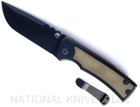 Chaves Knives Redencion 229 Drop Point folding knife with flipper tab - shown open presentation side with extra pocket clip aside it.  Black M390 stainless steel plain edge blade.  Titanium handle with small green Micarta inlay.  Model 229/KS/DP/SMGRNMC.