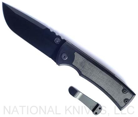 Chaves Knives Redencion 229 Drop Point folding knife with flipper tab - shown open presentation side with extra pocket clip aside it.  Black M390 stainless steel plain edge blade.  Titanium handle with small black Micarta inlay.  Model 229/KS/DP/SMBKMC.