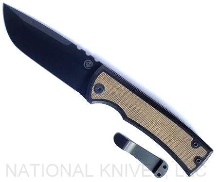 Chaves Knives Redencion 229 Drop Point folding knife with flipper tab - shown open presentation side with extra pocket clip aside it.  Black M390 stainless steel plain edge blade.  Titanium handle with large green Micarta inlay.  Model 229/KS/DP/LGGRNMC.