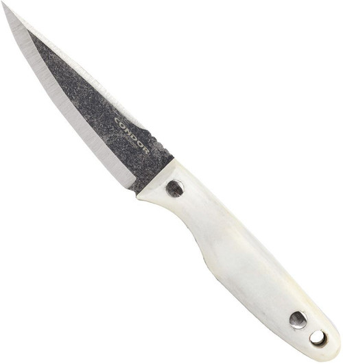 Condor Tool and Knife Hawthorn fixed blade knife - shown out of sheath reverse.  1095 HC steel plain edge blade.  White Micarta handle.  Model CTK824-8.3HC.
