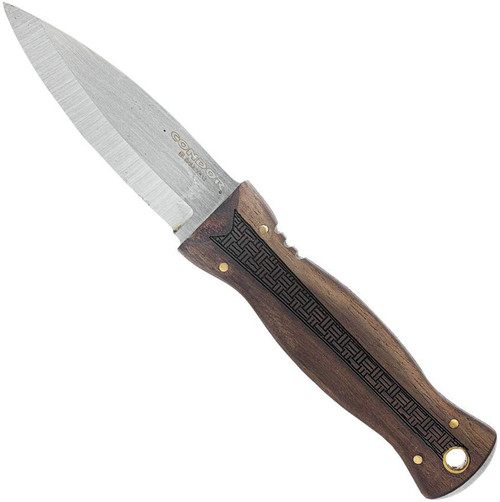 Condor Tool and Knife Bushscot fixed blade knife - shown out of sheath obverse.  14C28N stainless steel plain edge blade.  Wood handle.  Model CTK1040-3.3WSK.