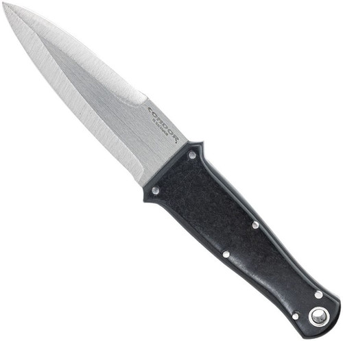 Condor Tool and Knife Hokahey fixed blade knife - shown out of sheath reverse.  420 HC stainless steel plain edge blade.  Black Micarta handle.  Model CTK1840-3.6-SS.  