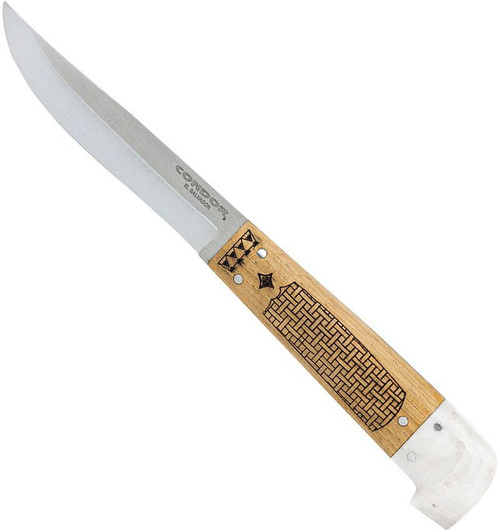 Condor Tool and Knife Samicarta fixed blade knife - shown out of sheath reverse.  14C28N stainless steel plain edge blade.  Micarta and wood handle.  Model CTK2860-3.8SK.