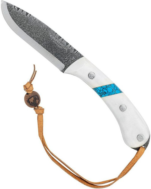 Condor Tool and Knife Blue River fixed blade knife - shown out of sheath reverse.  1095 steel plain edge blade.  White Micarta and mixed material handle.  Model CTK2825-4.3MHC.