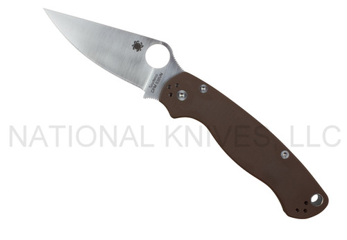 Spyderco Paramilitary 2 SSI/Moteng Exclusive folding knife with thumb hole - shown open presentation side.  Satin S35VN stainless steel plain edge blade.  Brown G-10 handle.  Model C81GPBN2.
For reference only.