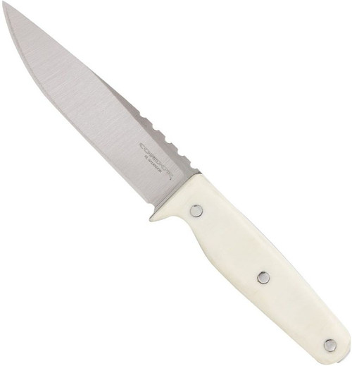Condor Tool and Knife Bonum fixed blade knife - shown out of sheath reverse.  420HC stainless steel plain edge blade.  White Micarta handle.  Model CTK3972-4.67SS.