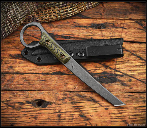 RMJ Tactical Stabby Guy multitool - shown out of sheath reverse.  Tungsten Cerakote 3V steel.  Dirty Olive G-10 handle.  Model K-SG-TU-DO.