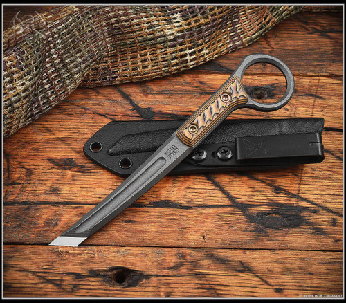 RMJ Tactical Stabby Guy multitool - shown out of sheath obverse.  Tungsten Cerakote 3V steel.  Hyena Brown G-10 handle.  Model K-SG-TU-HB.