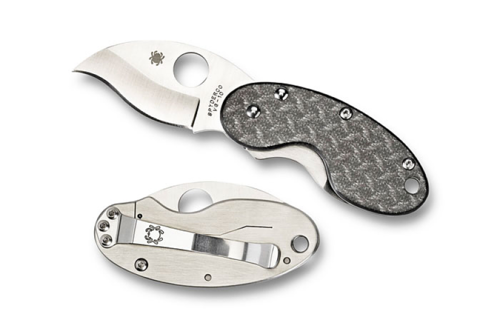 Spyderco Cricket folding knife with thumb hole - shown open presentation side and closed pocket clip side.  Satin VG-10 stainless steel plain edge blade.  Black Nishijin glass fiber handle with stainless steel lock side.  Model C29GFP.
For reference only.

