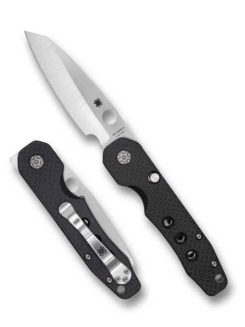 Spyderco Smock folding knife with thumb hole and flipper - shown open presentation side and closed pocket clip side.  Satin S30V stainless steel plain edge blade.  Black carbon fiber and G-10 laminate handle.  Model C240CFP.