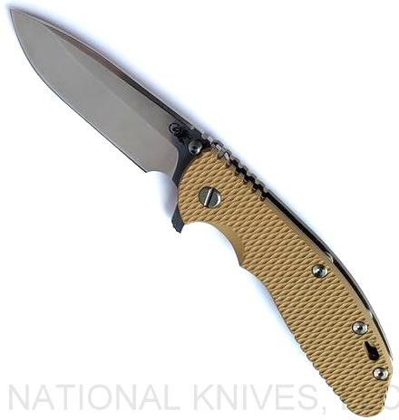 Rick Hinderer Knives XM-24 Spear Point folding knife with thumb stud and flipper tab - shown open presentation side.  Stonewash S45VN stainless steel plain edge blade.  Coyote G-10 handle with stonewash bronze lock side.  Model KXM40SPE.