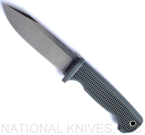 Demko Knives FreeReign fixed blade knife - shown out of sheath reverse.  Stonewash MagnaCut stainless steel plain edge blade.  Gray rubber handle.  