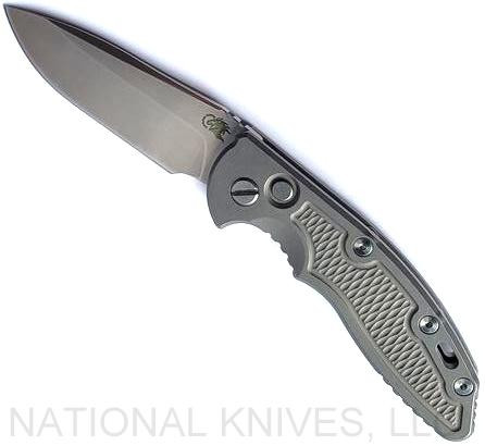 Rick Hinderer Knives Automatic XM-18 Spear Point folding knife with push button - shown open presentation side.  Stonewash 20CV stainless steel plain edge blade.  Working Finish titanium handle.  Model KAXM35SPE.