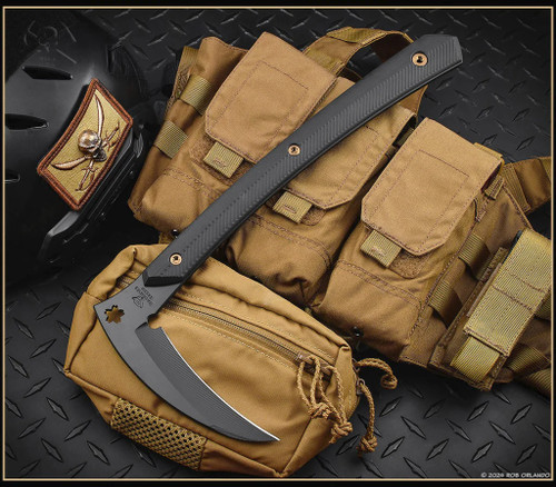 RMJ Tactical 3V Syndicate Senshi kama - shown out of sheath reverse.  Graphite Black Cerakote CPM-3V steel plain edge blade.  Black G-10 handle.  Model T-SE-GB-BK.