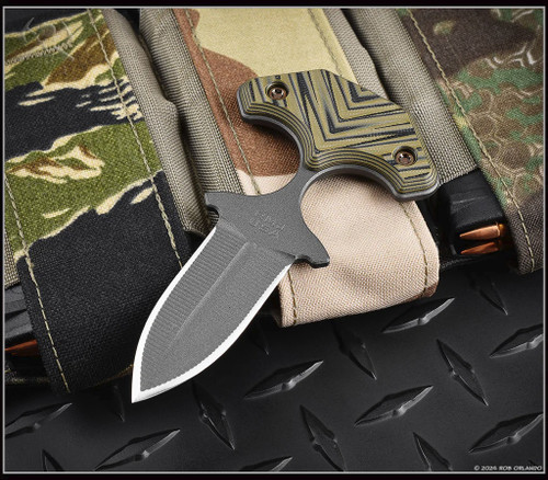 RMJ Tactical BUB Back Up Blade fixed blade knife - shown out of sheath reverse.  Tungsten Cerakote Nitro-V stainless steel plain double edge blade.  Dirty Olive G-10 handle.  Model K-BUB-TU-DO.