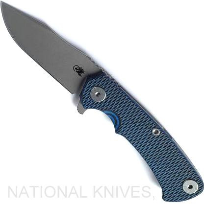 Rick Hinderer Knives Project X Clip Point folding knife with flipper tab - shown open presentation side.  Working Finish S45VN stainless steel plain edge blade.  Blue - black G-10 handle with Working Finish lock side.  Model KPXSPE.