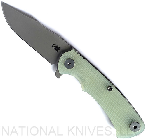Rick Hinderer Knives Project X Clip Point folding knife with flipper tab - shown open presentation side.  Working Finish S45VN stainless steel plain edge blade.  Translucent Green G-10 handle with Working Finish lock side.  Model KPXSPE.