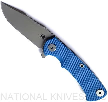 Rick Hinderer Knives Project X Clip Point folding knife with flipper tab - shown open presentation side.  Working Finish S45VN stainless steel plain edge blade.  Blue G-10 handle with Working Finish lock side.  Model KPXSPE.