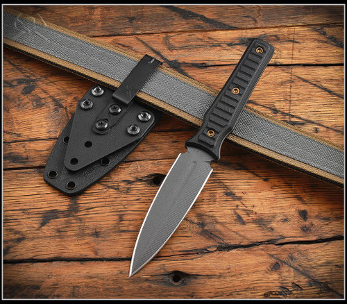 RMJ Tactical Orlando Special fixed blade knife - shown out of sheath reverse with sheath aside it.  Tungsten Cerakote Nitro-V stainless steel plain double edge blade.  Black G-10 handle.  Model K-OS-TU-BK.
