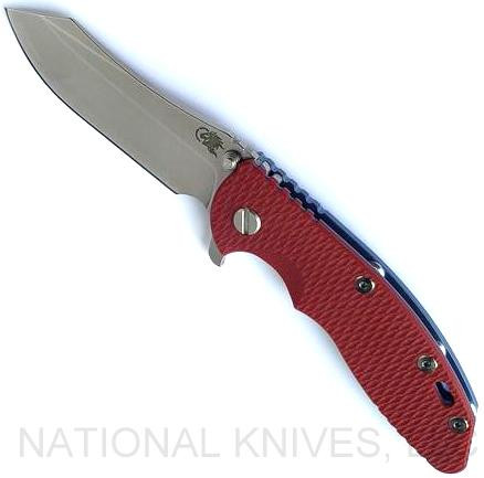 Rick Hinderer Knives XM-18 3.5" Skinner folding knife with thumb stud and flipper tab - shown open presentation side.  Stonewash S45VN stainless steel plain edge blade.  Red G-10 handle with stonewash blue lock side.  Model KXM35SKINNER.
