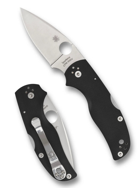 Spyderco Native 5 folding knife with thumb hole - shown open presentation side and closed pocket clip side.  Satin S30V stainless steel plain edge blade.  Black G-10 handle.  Model C41GP5.