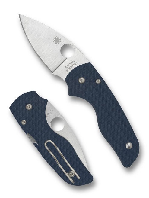 Spyderco Lil' Native folding knife with thumb hole - shown open presentation side and closed pocket clip side.  Satin SPY27 stainless steel plain edge blade.  Blue G-10 handle.  Model C230GPCBL.