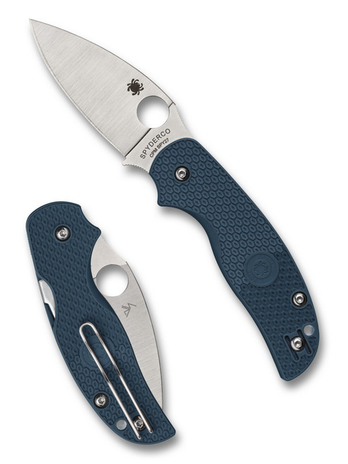 Spyderco Sage 5 folding knife with thumb hole - shown open presentation side and closed pocket clip side.  Satin SPY27 stainless steel plain edge blade.  Blue FRN handle.  Model C123PCBL.