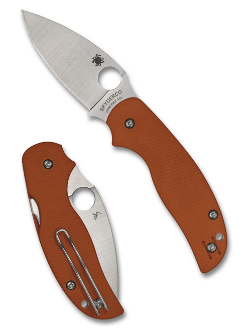 Spyderco Sage 5 folding knife with thumb hole - shown open presentation side and closed pocket clip side.  Satin REX 121 steel plain edge blade.  Orange G-10 handle.  Model C123GBORP.