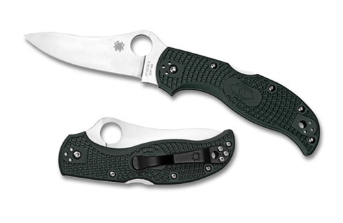 Spyderco Stretch folding knife with thumb hole - shown open presentation side and closed pocket clip side.  Satin ZDP-189 steel plain edge blade.  British Racing Green FRN handle.  Model C90PGRE.
For reference only.