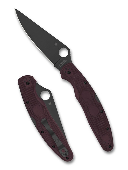 Spyderco Police 4 Sprint Run folding knife with thumb hole - shown both open presentation side and closed pocket clip side.  Black PD#1 steel plain edge blade.  Burgundy FRN handle.  Model C07BGBKP4.
For reference only.