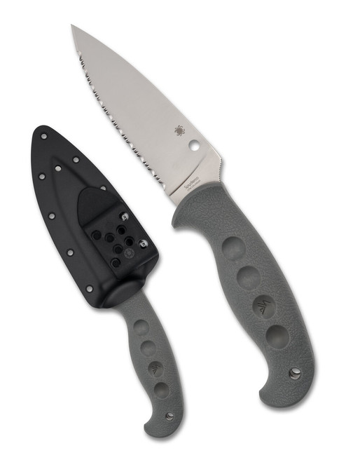 Spyderco Temperance Sprint Run fixed blade knife - shown out of sheath obverse and in sheath obverse.  Satin Cru-Wear steel serrated edge blade.  Gray FRN handle.  Model FB05SGY.