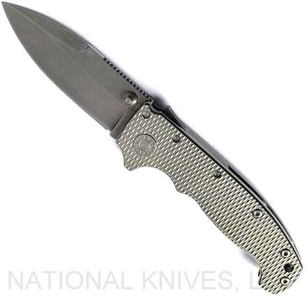 Demko Knives National Knives, LLC Exclusive MG AD-20 spear point folding knife with thumb stud - shown open presentation side.  Stonewash MagnaCut stainless steel plain edge blade.  Textured titanium handle.