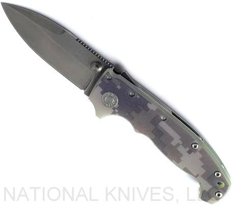 Demko Knives National Knives, LLC Exclusive MG AD-20 spear point folding knife with thumb stud - shown open presentation side.  Stonewash MagnaCut stainless steel plain edge blade.  Camo #2 G-10 handle.