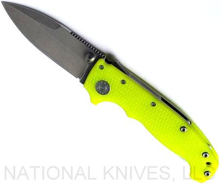 Demko Knives National Knives, LLC Exclusive MG AD-20 spear point folding knife with thumb stud - shown open presentation side.  Stonewash MagnaCut stainless steel plain edge blade.  DayGlow G-10 handle.