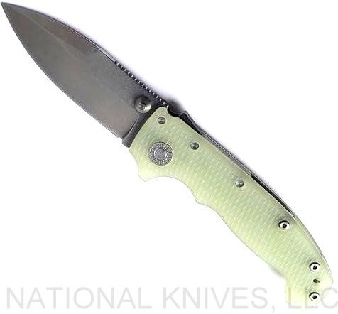 Demko Knives National Knives, LLC Exclusive MG AD-20 spear point folding knife with thumb stud - shown open presentation side.  Stonewash MagnaCut stainless steel plain edge blade.  Natural G-10 handle.
