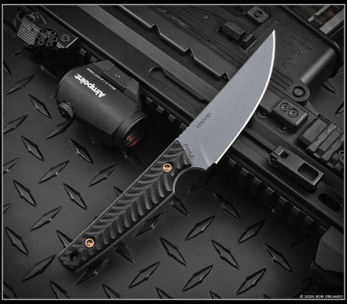 RMJ Tactical Unmei fixed blade knife - shown out of sheath obverse.  Platinum Gray Cerakote Nitro-V stainless steel plain edge blade.  Black G-10 handle.  Model K-UN-NITROV-PG-BK.
