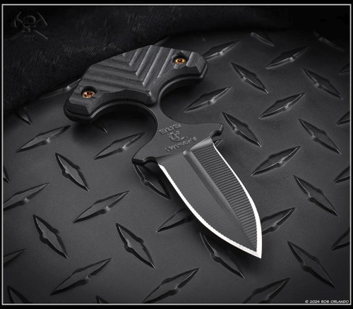 RMJ Tactical BUB Back Up Blade fixed blade knife - shown out of sheath obverse.  Graphite Black Cerakote Nitro-V stainless steel plain double edge blade.  Black G-10 handle.  Model K-BUB-GB-BK.