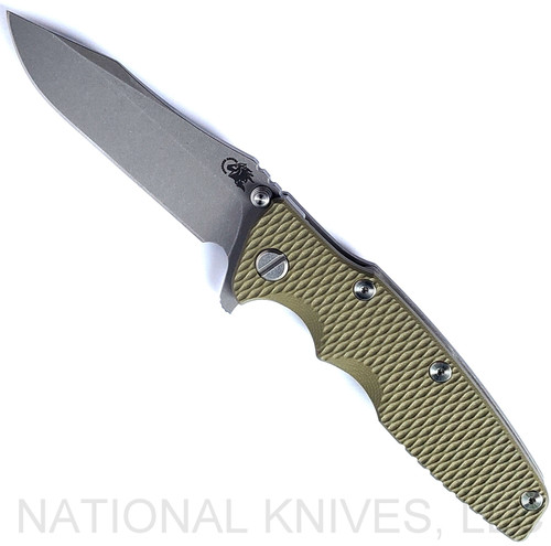 Rick Hinderer Knives Eklipse Spear Point folding knife with flipper tab and thumb stud - shown open presentation side.  Working Finish S45VN stainless steel plain edge blade.  OD green G-10 handle with Working Finish lock side.  Model KEK35SPE.