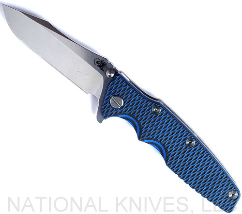 Rick Hinderer Knives Eklipse Spear Point folding knife with flipper tab and thumb stud - shown open presentation side.  Stonewash S45VN stainless steel plain edge blade.  Blue - black G-10 handle with stonewash lock side.  Model KEK35SPE.