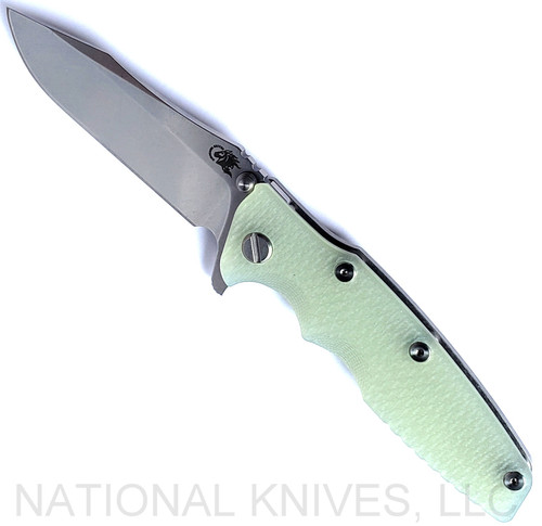 Rick Hinderer Knives Eklipse Spear Point folding knife with flipper tab and thumb stud - shown open presentation side.  Stonewash S45VN stainless steel plain edge blade.  Translucent Green G-10 handle with stonewash lock side.  Model KEK35SPE.