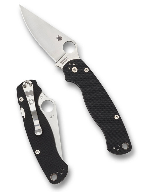 Spyderco Paramilitary 2 folding knife with thumb hole - shown open presentation side and closed pocket clip side.  Satin S45VN stainless steel plain edge blade.  Black G-10 handle.  Model C81GP2.