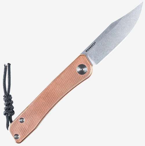Tactile Knife Co Bexar slip joint pocket knife with thumbnail slot - shown open blade steel type side.  Stonewash MagnaCut stainless steel plain edge blade.  Copper handle.  Model 20-BX-MC01-CU02.