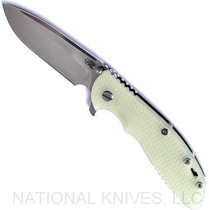 Rick Hinderer Knives XM-24 Spear Point folding knife with thumb stud and flipper tab - shown open presentation side.  Stonewash S45VN stainless steel plain edge blade.  Translucent Green G-10 handle with stonewash lock side.  Model KXM40SPE.