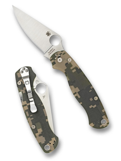 Spyderco Paramilitary 2 folding knife with thumb hole - shown open presentation side and closed pocket clip side.  Satin S45VN stainless steel plain edge blade.  Digi Camo G-10 handle.  Model C81GPCMO2.