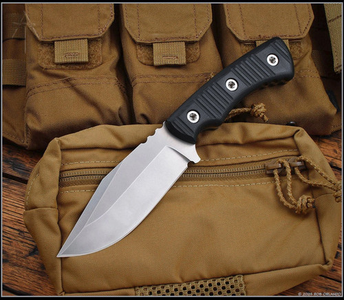 American Tomahawk Company Scout fixed blade knife - shown out of sheath obverse.  Stonewashed NITRO-V stainless steel plain edge blade.  Black G-10 handle.   Model ATC-SCOUT-BK.